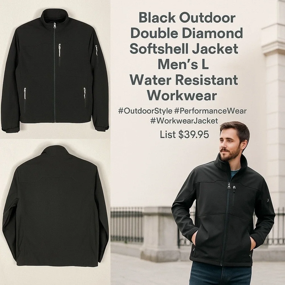 Black‎ Outdoor Double Diamond Softshell Jacket Mens L Water Resistant Workwear